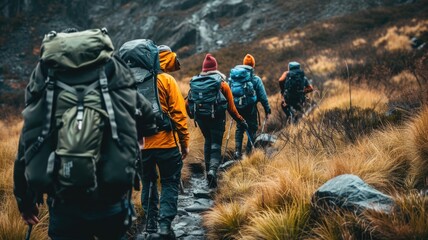 group of Rucking people interacting and moving as a team, sharing experiences and support on an Autumn Hike in the Park