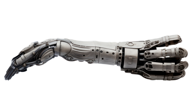Robot's hand isolated on transparent and white background.PNG image