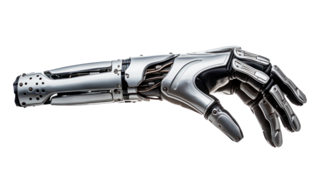 Robot's hand isolated on transparent and white background.PNG image