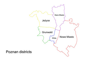Map of the districts of Poznan. Vector map of Poznan and its districts. Highly detailed vector outline, black silhouette. All isolated on white background