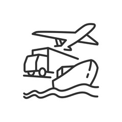 Logistics transport, routes and delivery methods, linear icon. By air, by land, by water. Plane, truck, ship. Line with editable stroke