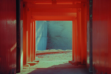 Obraz premium An elegant composition capturing the iconic Fushimi Inari Taisha gates leading up the hillside, framed by vibrant torii gates, Japanese minimalistic style, portra 400 film style