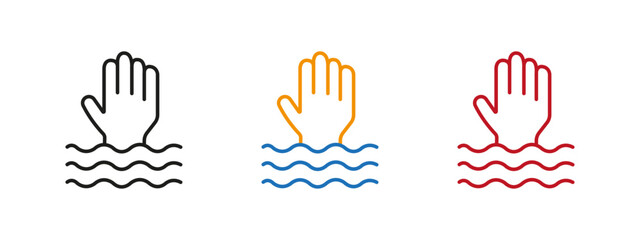 A drowning man. Help. SOS. A vector image. A set of icons.