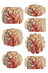 Holy God's mother Mary and two saints. Religious gift tags in Byzantine style isolated