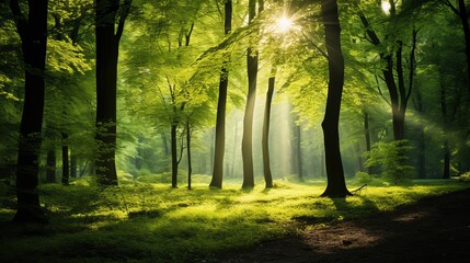 Fototapeta premium Panorama of a scenic forest of fresh green deciduous trees with the sun casting its rays of light through the foliage