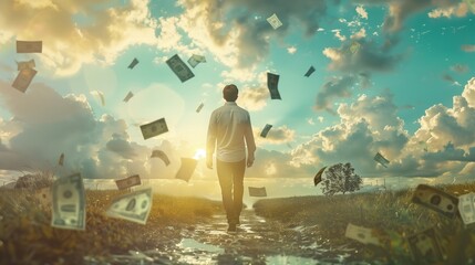 Successful businessman walking through a field of money under a beautiful sunset sky
