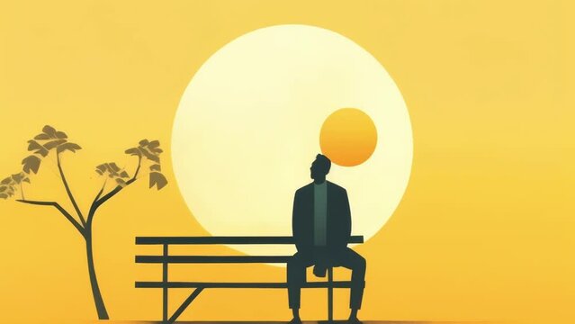 A person sitting on a bench under a tree with a sun shining down on them. Psychology art concept. .