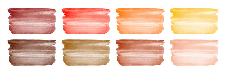 Watercolor vector brush strokes, smears set. Banners collection, rectangle shape. Painted red, orange, yellow, coffee brown, beige watercolour stains textures. Aquarelle templates, text backgrounds.