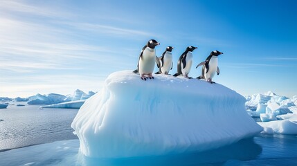 Penguins on sunny iceberg on Weddell Sea Antarctic Peninsula Antarctica