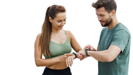 Friends of sports people use fitness watches and sports apps.
