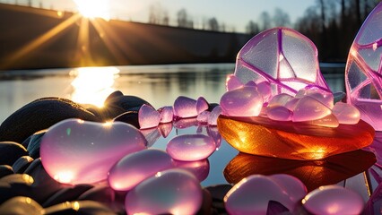 Beautiful pink glass transparent stones with reflection on the water at sunset