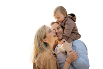 A young family, consisting of a mother, father, and child, are depicted playing together in a happy environment.
