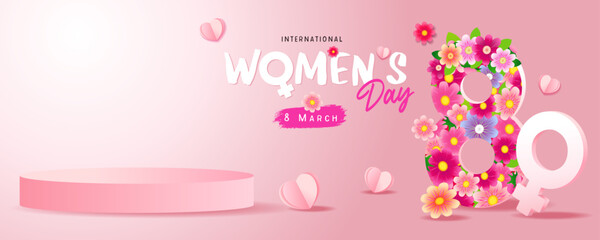 March 8 International Womens day promotion banner for product demonstration. Happy Women's day shopping template with flowers and sweet paper hearts. Vector illustration