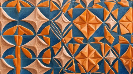 Abstract background of blue and orange ceramic tiles with geometric pattern.