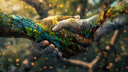 handshake of two human hands transforming into a tree, growth symbiosis collaboration - obrazy, fototapety, plakaty