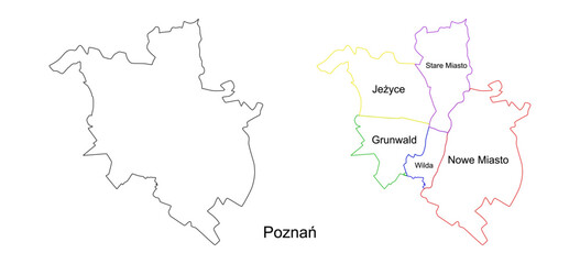Vector map of Poznan and its districts. Highly detailed vector outline, black silhouette. All isolated on white background