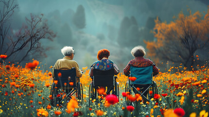 old ladies in wheelchairs having fun in a majestic and vibrant color flower field 