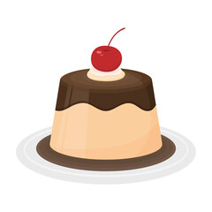 Pudding with cherry and cream vector illustration on white background. Delicious sweet dessert.