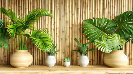Modern green plant decor in a white interior, highlighting the elegance of tropical leaves and the freshness they bring to home design