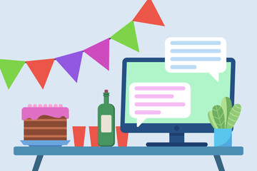 Obraz premium Office desk with computer and cake, bottle of wine and plastic cups. Vector illustration. Office decorated with flags. Party, celebration concept