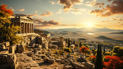 A Breathtaking View: A Photo of the Acropolis in Greece at Sunset