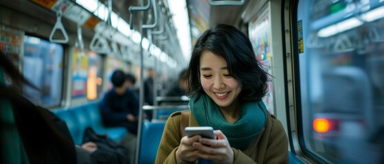 Smiling woman using smartphone on subway train with passengers in background; the image conveys a casual, connected urban commute in vibrant tones, suitable for tech or travel themes.