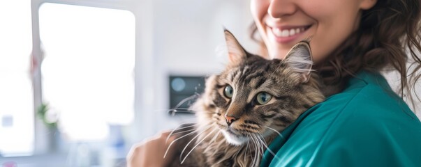 A smiling woman holds a cat in a cozy and warm indoor setting, conveying affection and companionship, suitable for pet-related events.