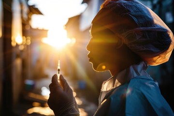 Medical Aid in Action: A Dedicated MSF Healthcare Worker, Syringe Ready, Tackles Viruses and Vaccination Efforts in Impoverished Countries, Particularly Across Africa, Doctors Without Borders - obrazy, fototapety, plakaty