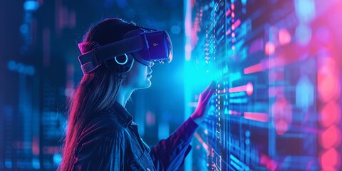 A woman interacts with a futuristic virtual environment wearing a VR headset amidst neon blue and...