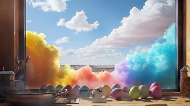 mesy kitchen that produce easter egg boled egg in a pan and finished painted easter egg near window with rainbow color smoke and cloudy sky in the window animated lofy video