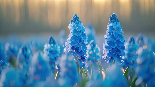 Large flower bed with multi-colored hyacinths, traditional Easter flowers, flower background, easter spring background. Close up macro photo, selective focus. Pink,purple blue flowers in spring 4k