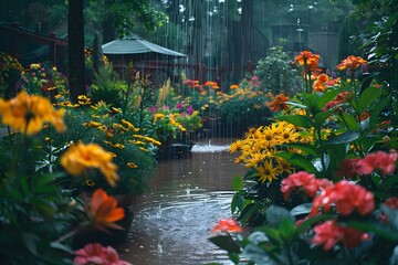 Renewing Springtime Gardens with Gentle Rain: A Colorful Scene. Concept Spring Gardens, Rainy Day, Colorful Blooms, Nature Photography, Renewal of Life