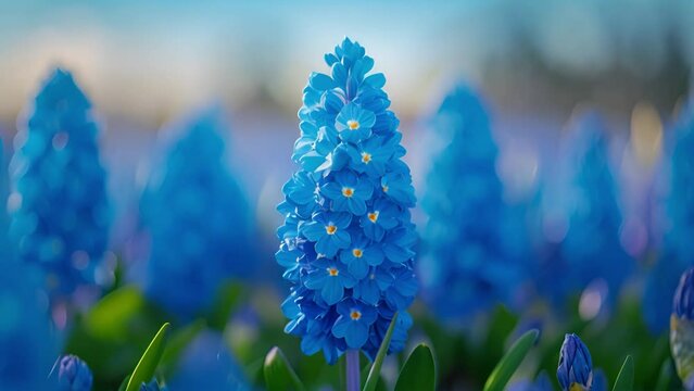 Large flower bed with multi-colored hyacinths, traditional Easter flowers, flower background, easter spring background. Close up macro photo, selective focus. Pink,purple blue flowers in spring 4k