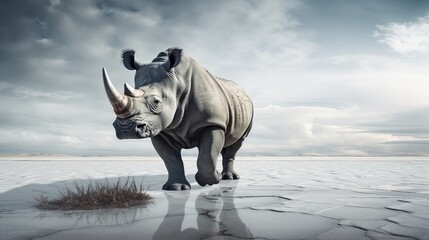 Obraz na płótnie Canvas Surreal scene of a big Rhinoceros in an empty beach
