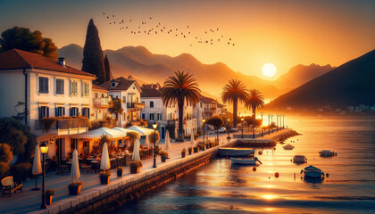 A picturesque coastal scene during golden hour, without birds in the sky, capturing the sun casting a warm, city, village, lake, romantic, england, wave, harbor, shore, britain, marina, coastal