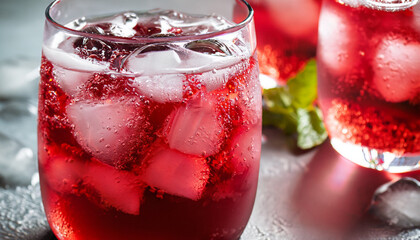 Sparkling red water soda with ice cubes. Summer iced drink, homemade summer drink. - obrazy, fototapety, plakaty