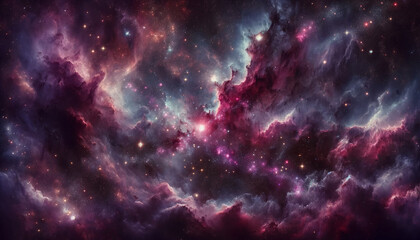 A vast cosmos with shades of deep purples and pinks, nebulae intertwining dark void space. Stars...