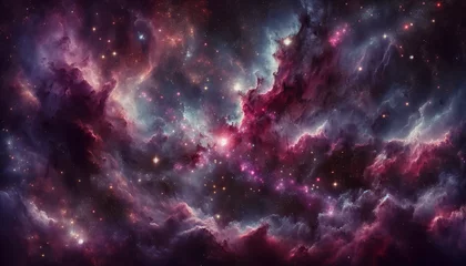 Lichtdoorlatende rolgordijnen Heelal A vast cosmos with shades of deep purples and pinks, nebulae intertwining dark void space. Stars scattered across