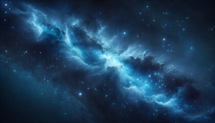 A starry night featuring a blue nebula with a soft appearance. The nebula should varying shades blue, giving glowing