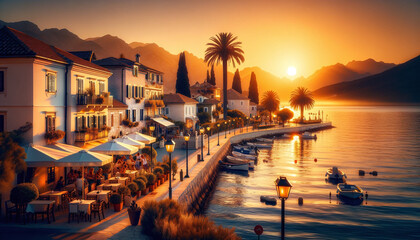 Landscape picturesque coastal scene during golden hour, capturing the sun casting a warm, soft glow in a rich golden-orange hue over, city, village, romantic, england, wave, harbor, shore, britain, 