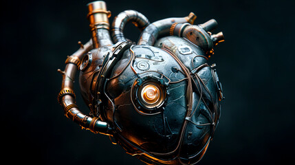 Mechanical Heart Illuminated with Inner Fire, Symbol of Passion, created with Generative AI technology