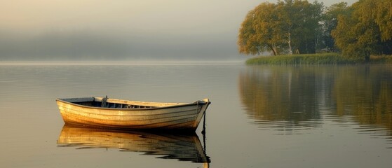 a small boat floating on top of a lake next to a lush green tree filled forest on a foggy day.