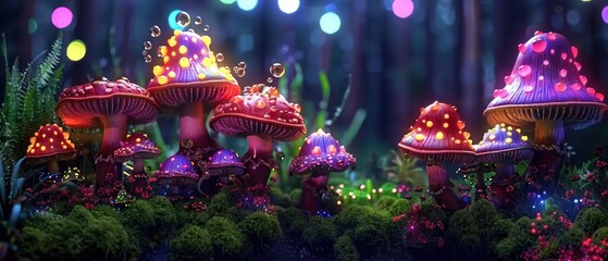 a group of mushrooms with lights on them in a forest filled with plants and trees with lights in the background.