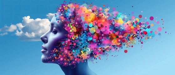 a woman's head with colorful bubbles coming out of the top of her head, against a blue sky.