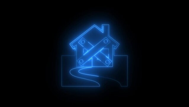 Neon glowing blue close home icon animation in black background