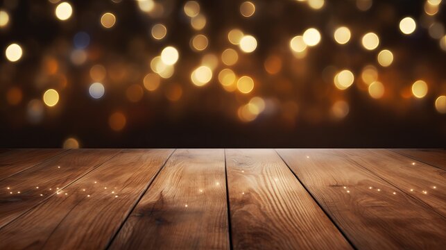 Top wood desk with light bokeh in concert blur background,wooden table