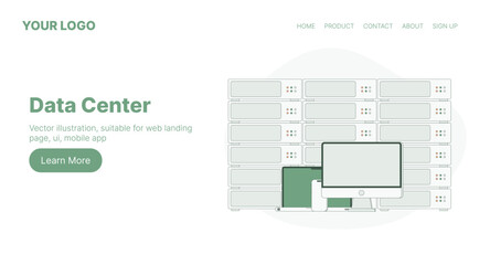 Data Center. Web Landing Page Design. Flat Cartoon Vector Illustration. Vector illustration, suitable for web landing page, ui, mobile app.