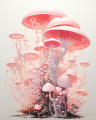 Ethereal Pink Mushroom Cluster in Surreal Setting, created with Generative AI technology