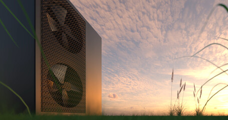 heat pump energy as a heater and alternative green energy - 3D Illustration - obrazy, fototapety, plakaty