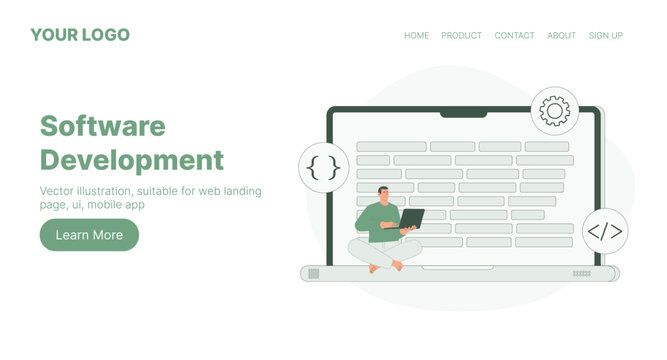Software Development. Web Landing Page Design. Flat Cartoon Vector Illustration. Vector illustration, suitable for web landing page, ui, mobile app.